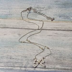 Avon Silver Bow Necklace with Pearl Accents